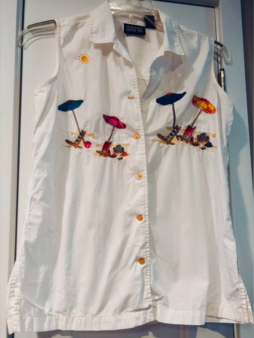 Bill Blass Embroidered Cotton Shirt White M Vintage Y2K Sleeveless Button Beach